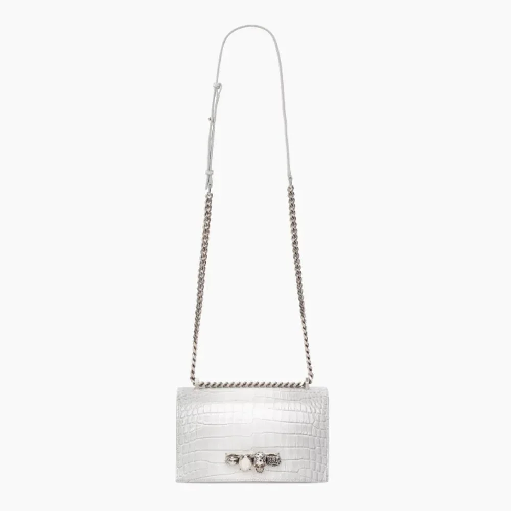 Alexander McQueen Medium Four Ring Croc-Embossed Leather Crossbody Light Gray - Picture 6 of 11